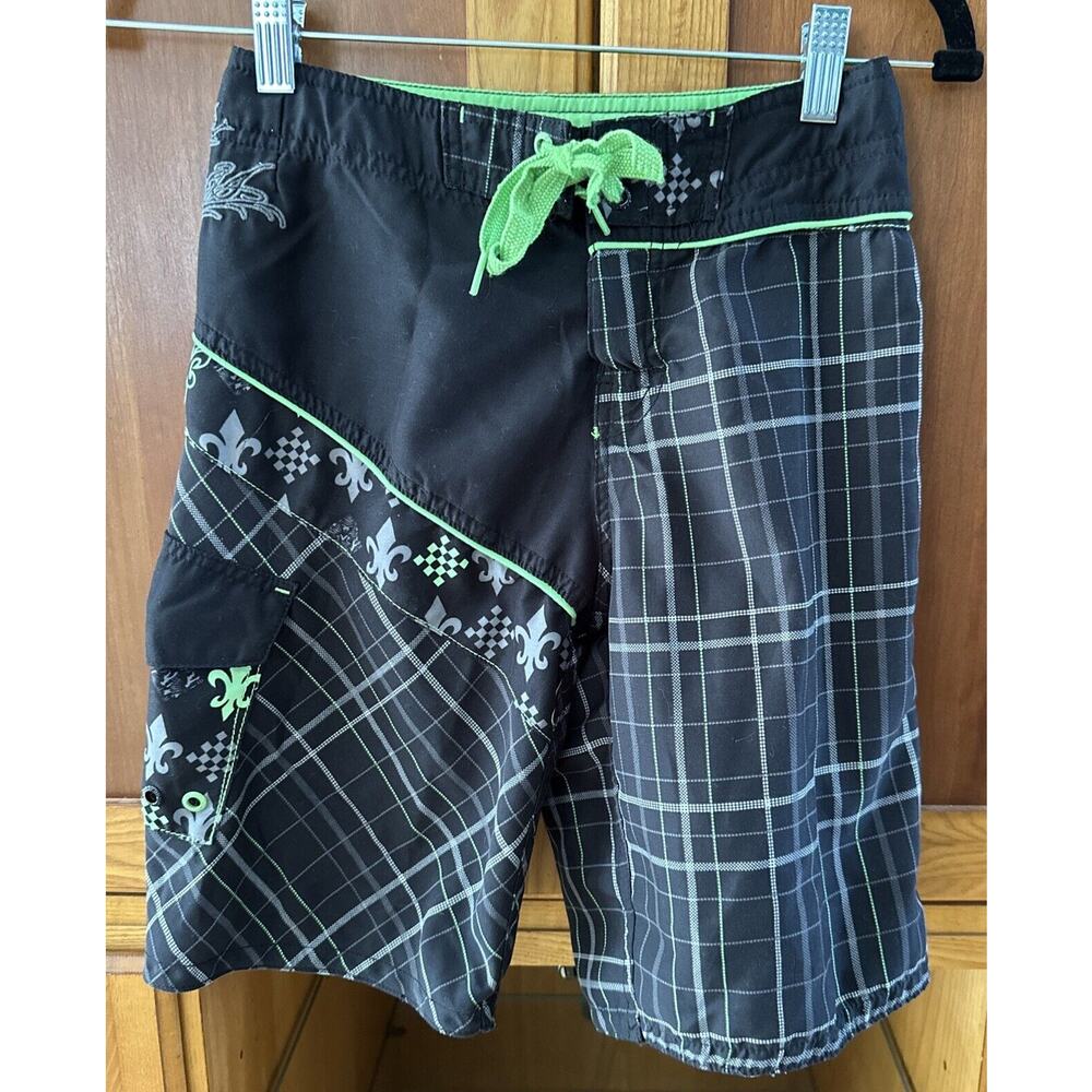 Micros Boy's Black & Lime Green Plaid/Print Surf Board Shorts Size 8 Unlined